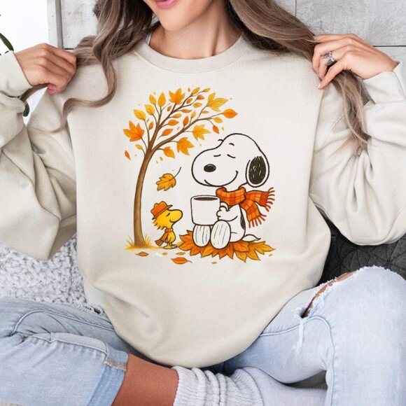 Snoopy Fall Sweatshirt, Snoopy Autumn Leaves Sweatshirt, Vintage Peanuts Coffee - Picture 2 of 2